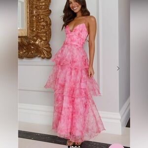 Hello Molly Pink Asymmetrical Ruffled Maxi Dress